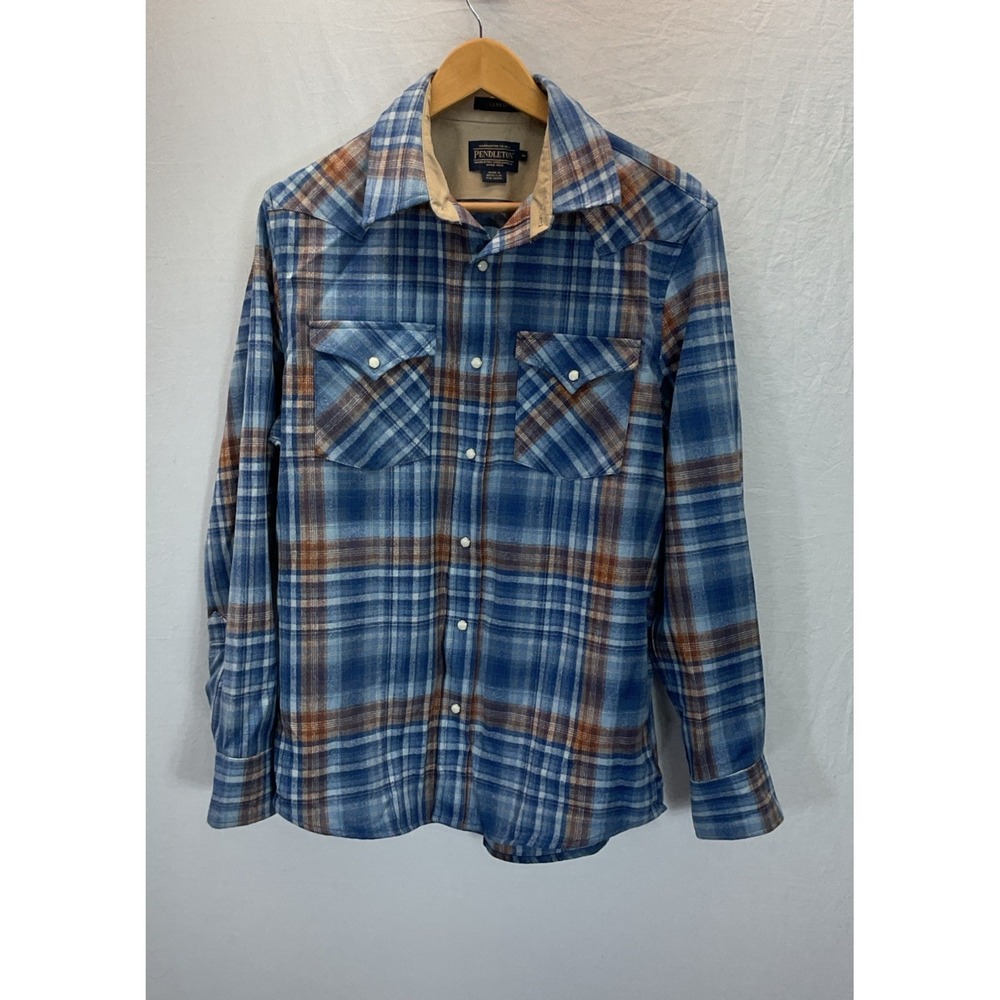 Pendleton Canyon Western Shirt Mens M Blue Plaid Pearl Snap Wool Flannel Chore